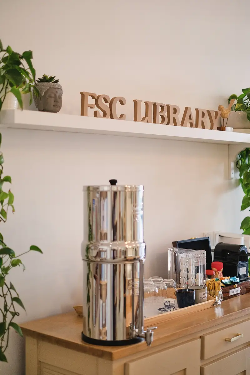FSC Library sign and tea station