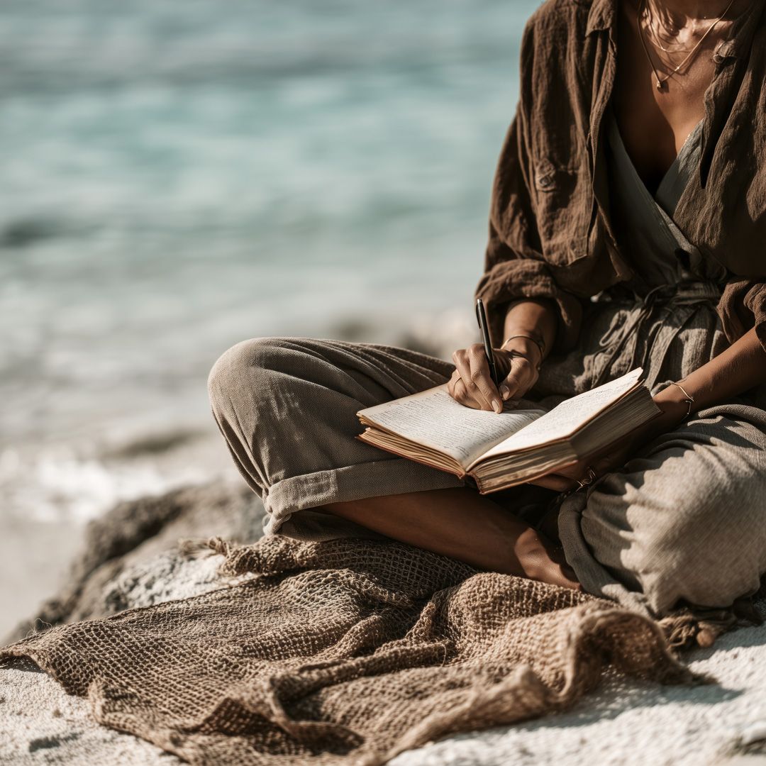 Woman writing by the sea